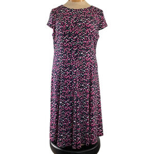 Laura Jeffries Pink Navy Print‎ Dress 16 Short Sleeve Back Zipper